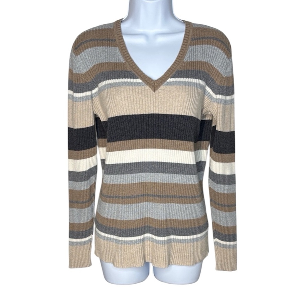 St. John's Bay Women's V-Neck Sweater - Beige, Gray, Cream Stripes